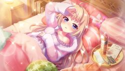 Rule 34 | 1girl, ahoge, bedroom, blue eyes, blush, book, bookshelf, bottle, breasts, chest of drawers, cleavage, collarbone, digital thermometer, dot nose, fever, film grain, frilled pajamas, fuzzy clothes, game cg, hair down, hand on own head, hand on own stomach, indoors, itsumura haruka, izumi tsubasu, lens flare, light brown hair, long hair, long sleeves, looking at viewer, medicine, medium breasts, non-web source, official art, pajamas, parted lips, pink pajamas, re:stage!, sick, single off shoulder, solo, sparkle, striped pillow, thermometer, tray, under covers, water bottle