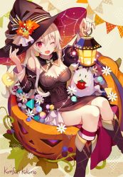 Rule 34 | 1girl, black dress, bow, breasts, candy, cleavage, corrin (female) (fire emblem), corrin (fire emblem), crescent moon, dress, fire emblem, fire emblem fates, food, ghost, halloween, hat, jack-o&#039;-lantern, konfuzikokon, lantern, long hair, medium breasts, moon, nintendo, one eye closed, open mouth, petals, pointy ears, red eyes, signature, sitting, solo, white bow, white hair, witch, witch hat