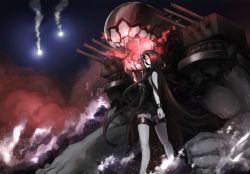 Rule 34 | 10s, 1girl, abyssal ship, bad id, bad pixiv id, bare shoulders, battleship princess, black dress, black hair, cannon, colored skin, dress, flares, glowing, glowing eyes, hair between eyes, horns, kantai collection, long hair, machinery, night, open mouth, pale skin, red eyes, saliva, short dress, skin-covered horns, sleeveless, smile, smoke, solo, teeth, turret, very long hair, weasel (close-to-the-edge), white skin