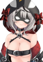 Rule 34 | 1girl, bare shoulders, belt, belt bra, black choker, bow, breasts, choker, cleavage, closed mouth, earrings, eye mask, facing viewer, fang, highres, hololive, holox, hood, jewelry, medium breasts, no bra, off shoulder, red bow, revealing clothes, rikotan, sakamata chloe, sakamata chloe (1st costume), short hair, simple background, smile, solo, upper body, virtual youtuber, white background, white hair
