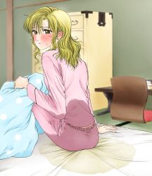 Rule 34 | bed, bedwetting, blonde hair, blush, cabinet, chair, embarrassed, from behind, futon, highres, indoors, long hair, looking at viewer, looking back, mitaray, on bed, original, pajamas, pee, pee stain, peeing, peeing self, pink pajamas, puddle, shorts, sitting, sweatdrop, table, wet, wet clothes, wet shorts, yellow eyes