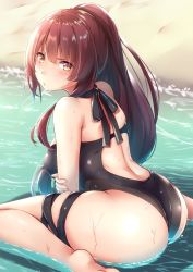 Rule 34 | 1girl, ass, backless swimsuit, bare shoulders, barefoot, beach, bit (keikou syrup), black one-piece swimsuit, blush, breasts, day, from behind, girls&#039; frontline, highres, holding own arm, large breasts, leaning forward, long hair, looking at viewer, looking back, ocean, official alternate costume, one-piece swimsuit, outdoors, parted lips, ponytail, purple hair, red eyes, sand, shiny clothes, sitting, skindentation, solo, swimsuit, thigh strap, very long hair, wa2000 (girls&#039; frontline), wa2000 (op. manta ray) (girls&#039; frontline), wariza, wet