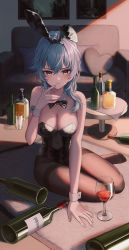 Rule 34 | 1girl, alcohol, animal ears, aqua hair, asymmetrical hair, bare arms, bare shoulders, black bow, black bowtie, black leotard, blush, bottle, bow, bowtie, breasts, brown pantyhose, cleavage, closed mouth, commentary, couch, cup, cushion, detached collar, drink, drinking glass, eonyan (chaeyang), eula (genshin impact), fake animal ears, finger to mouth, frown, genshin impact, highres, index finger raised, indoors, legs, leotard, looking at viewer, medium breasts, medium hair, no shoes, on floor, pantyhose, playboy bunny, rabbit ears, sidelocks, sitting, solo, strapless, strapless leotard, table, thighband pantyhose, toes, white wrist cuffs, wine, wine bottle, wine glass, wrist cuffs, yellow eyes