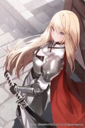 Rule 34 | 1girl, absurdres, armor, black gloves, blonde hair, blue eyes, breastplate, breasts, cape, character request, cleavage, cleavage cutout, closed mouth, clothing cutout, copyright request, cover, cover page, day, from above, gauntlets, gloves, hair between eyes, highres, katana, knight, long hair, looking at viewer, looking up, medium breasts, novel cover, novel illustration, official art, outdoors, pauldrons, red cape, seorang, shirt, shoulder armor, solo, sword, walking, weapon, white shirt