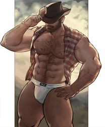 Rule 34 | 1boy, abs, arm hair, bara, bare pectorals, bare shoulders, beard, biceps, briefs, bulge, chest hair, covered eyes, cowboy, cowboy hat, cowboy western, dopey (dopq), facial hair, feet out of frame, hairy, hand on own hip, hat, hat over eyes, highres, large pectorals, leg hair, male focus, male underwear, mature male, muscular, muscular male, mustache, navel, navel hair, nipples, original, pectorals, print male underwear, shirt, short hair, sideburns, sleeveless, sleeveless shirt, solo, stomach, striped, thick eyebrows, thick thighs, thighs, underwear, western, white male underwear