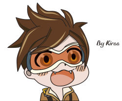 Rule 34 | 1girl, :3, :d, artist name, blush, blush stickers, brown eyes, brown hair, brown jacket, chibi, commentary, dot nose, english text, eyebrows, fangs, glowing, goggles, gyate gyate, highres, jacket, kiros, male focus, meme, open mouth, overwatch, overwatch 1, signature, smile, solo, teeth, tracer (overwatch), white background