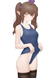 Rule 34 | 1girl, 3:, absurdres, armpit crease, bare arms, bare shoulders, black thighhighs, blue one-piece swimsuit, brown eyes, brown hair, cameltoe, closed mouth, collarbone, cowboy shot, crotch, from side, furrowed brow, hair between eyes, hair intakes, hair ribbon, hands up, hat, highres, himekaidou hatate, legs together, long hair, looking at viewer, looking to the side, new school swimsuit, ni (221), one-piece swimsuit, pointy ears, purple hat, purple ribbon, ribbon, school swimsuit, simple background, skindentation, solo, standing, swimsuit, thighhighs, tokin hat, touhou, twintails, wavy hair, white background