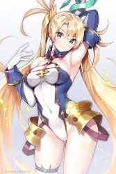 Rule 34 | 1girl, arm behind head, armpits, artist name, blonde hair, blue eyes, blush, bradamante (fate), bradamante (first ascension) (fate), breasts, bridal garter, cleavage, closed mouth, commentary request, contrapposto, covered navel, elbow gloves, fate/grand order, fate (series), gloves, highres, leotard, long hair, looking at viewer, medium breasts, smile, solo, suishougensou, twintails, very long hair, white gloves