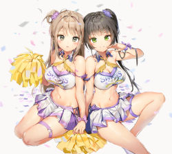 Rule 34 | 2girls, anmi, black hair, blush, breasts, brown eyes, cheerleader, cleavage, closed mouth, clothes writing, collarbone, crop top, green eyes, groin, hair between eyes, hair ornament, hair scrunchie, hand grab, hand up, highres, large breasts, light brown hair, long hair, looking at viewer, medium breasts, midriff, miniskirt, multiple girls, navel, one side up, open mouth, original, pink ribbon, pleated skirt, pom pom (cheerleading), purple ribbon, purple scrunchie, ribbon, scrunchie, side-tie skirt, sidelocks, sitting, skirt, smile, stomach, thigh strap, wrist ribbon