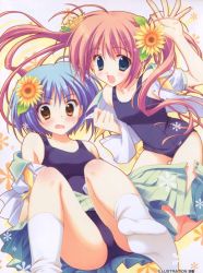 Rule 34 | 2girls, blue hair, blush, feet, flower, hair flower, hair ornament, multiple girls, one-piece swimsuit, open mouth, pink hair, ryouka (suzuya), school swimsuit, school uniform, socks, sunflower, swimsuit, swimsuit under clothes, twintails, undressing
