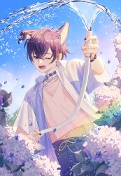 Rule 34 | 1boy, absurdres, animal ears, blue shorts, dog ears, earrings, flower, highres, holding, holding hose, hose, indie virtual youtuber, jacket, jewelry, male focus, midriff, navel, one eye closed, open mouth, purple eyes, purple hair, rr ayan, short hair, shorts, shoto (vtuber), smile, solo, stomach, virtual youtuber, water drop, white jacket