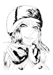 Rule 34 | 1girl, absurdres, blush, bro.you-yan, buttons, coat, fur hat, fur trim, greyscale, hand up, hat, highres, kolin, lips, long hair, looking at viewer, looking down, monochrome, parted lips, simple background, smirk, smug, solo, street fighter, street fighter v, teeth, thick eyebrows, tongue, ushanka, wavy hair, white background, winter clothes, winter coat