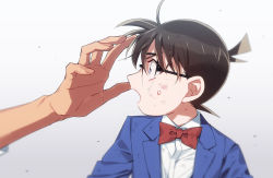Rule 34 | 2boys, black-framed eyewear, blazer, blue eyes, blue jacket, blurry, bow, bowtie, brown hair, child, collared shirt, commentary request, depth of field, dirty, dirty clothes, disembodied hand, edogawa conan, fingernails, glasses, grey background, jacket, k (gear labo), long sleeves, looking to the side, male focus, meitantei conan, multiple boys, open mouth, out of frame, red bow, red neckwear, scratches, shirt, short hair, simple background, solo focus, surprised, sweatdrop, upper body, white shirt