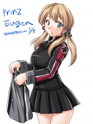 Rule 34 | 10s, 1girl, anchor hair ornament, black skirt, blonde hair, character name, cowboy shot, cross, dated, green eyes, hair ornament, holding, holding clothes, iron cross, kantai collection, low twintails, no headwear, no headwear, pleated skirt, prinz eugen (kancolle), simple background, skirt, solo, tatsumi ray, twintails, twitter username, white background