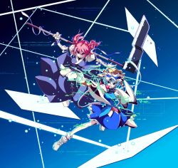 Rule 34 | android, blue eyes, blue hair, cyberpunk, hair bobbles, hair ornament, hat, hologram, onozuka komachi, pointing, red eyes, red hair, rod of remorse, sanshirou, scythe, shiki eiki, touhou, twintails, two side up