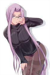 1girl black_pantyhose breasts fate/stay_night fate_(series) female_focus glasses kumoi_takashi large_breasts long_hair looking_at_viewer medusa_(fate) medusa_(rider)_(fate) panties panties_under_pantyhose pantyhose purple_hair purple_panties ribbed_sweater simple_background solo square_pupils sweater thighband_pantyhose turtleneck underwear very_long_hair white_background