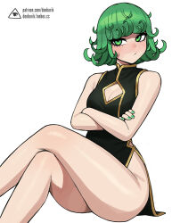 Rule 34 | 1girl, bare shoulders, black dress, breasts, chinese clothes, cleavage cutout, closed mouth, clothing cutout, cowboy shot, crossed arms, crossed legs, curly hair, donburi (donburikazoku), dress, green eyes, green hair, green nails, matching hair/eyes, medium breasts, nail polish, no panties, one-punch man, patreon username, short hair, simple background, sitting, sleeveless, solo, tatsumaki, white background