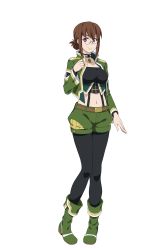 Rule 34 | 10s, 1girl, absurdres, belt, black pantyhose, boots, breasts, brown hair, choker, collarbone, colleen messala, crop top, full body, glasses, grancrest senki, green footwear, green jacket, highres, jacket, large breasts, looking at viewer, midriff, navel, open clothes, open jacket, pantyhose, pantyhose under shorts, purple theme, rimless eyewear, short hair with long locks, short shorts, shorts, sidelocks, simple background, solo, standing, stomach, white background