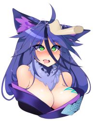 Rule 34 | 1girl, 1other, :d, ahoge, animal ear fluff, animal ears, blue hair, blush, body markings, breast tattoo, breasts, cleavage, commentary, commission, cropped torso, disembodied limb, drooling, electricity, energy, english commentary, fur collar, green eyes, halphelt, hand on another&#039;s head, headpat, japanese clothes, kimono, large breasts, long hair, monster girl encyclopedia, monster girl encyclopedia ii, mouth drool, nose blush, off shoulder, open mouth, purple kimono, raiju (monster girl encyclopedia), round teeth, simple background, smile, tattoo, teeth, upper body, upper teeth only, white background, white electricity