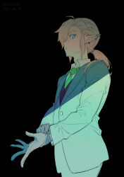 Rule 34 | 1boy, absurdres, adjusting clothes, adjusting gloves, alternate costume, black background, black vest, blonde hair, blue eyes, closed mouth, collared shirt, commentary request, dated, earrings, expressionless, formal, gloves, green gloves, green jacket, green necktie, green pants, green suit, hair between eyes, highres, jacket, jewelry, kariki hajime, link, long hair, long sleeves, looking at viewer, male focus, necktie, nintendo, pants, pointy ears, ponytail, putting on gloves, shadow, shirt, sideways glance, simple background, solo, standing, suit, the legend of zelda, twitter username, vest, watermark, white shirt