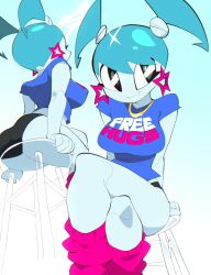 Rule 34 | 1girl, aetherion, alternate costume, android, ass, blue hair, blue shirt, breasts, chair, colored skin, earrings, free hugs, grey background, grin, highres, jenny wakeman, jewelry, joints, kneehighs, large breasts, looking at viewer, multiple views, my life as a teenage robot, robot, robot girl, robot joints, shirt, simple background, sitting, smile, socks, star (symbol), star earrings, teeth, twintails