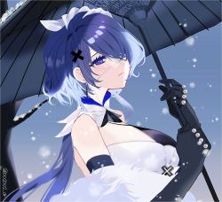 Rule 34 | 1girl, arknights, black gloves, blue background, blush, breasts, closed mouth, do2, earrings, elbow gloves, expressionless, eyepatch, fur shawl, gloves, gradient background, hair ornament, hair over one eye, highres, holding, holding umbrella, jewelry, large breasts, long hair, looking at viewer, official alternate costume, oil-paper umbrella, one eye covered, purple eyes, purple hair, shawl, snowing, solo, tree, twitter username, umbrella, upper body, whisperain (arknights), whisperain (tremble cold) (arknights), x hair ornament