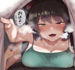 Rule 34 | 1girl, ^^^, animal ears, blanket, blush, breast press, breasts, brown hair, camisole, cleavage, covered erect nipples, dog ears, fangs, gamarenji, girl on top, green shirt, half-closed eyes, heart, heavy breathing, heterochromia, inui toko, long hair, looking at viewer, lying, medium breasts, naughty face, nijisanji, on back, on bed, open mouth, pov, pov crotch, pov hands, red eyes, shirt, short shorts, shorts, sleeveless, sleeveless shirt, solo focus, spaghetti strap, speech bubble, spoken heart, steam, steaming body, sweat, under covers, virtual youtuber, yellow eyes