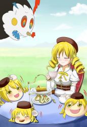 Rule 34 | 10s, 1girl, beret, blonde hair, charlotte (madoka magica), closed eyes, cup, drill hair, hat, magical girl, mahou shoujo madoka magica, mahou shoujo madoka magica (anime), smile, sweatdrop, teacup, teapot, tiered tray, tomoe mami, twin drills, twintails, yellow eyes, yukkuri shiteitte ne