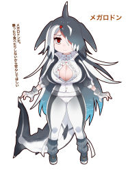 Rule 34 | 1girl, absurdres, arms at sides, bad id, bad pixiv id, bags under eyes, black hair, blue hair, breasts, buttons, center frills, center opening, chafuwako, character name, chibi, cleavage, closed mouth, collared jacket, dorsal fin, empty eyes, eyelashes, fingerless gloves, fins, fish tail, frills, full body, furrowed brow, gloves, grey hair, gym pants, hair ornament, hair over one eye, head fins, highres, huge breasts, jacket, kemono friends, legs apart, long hair, megalodon (komono friends) (chafuwako), multicolored hair, original, pale skin, pants, partially unbuttoned, red eyes, red hair, shark girl, shark tail, shirt, shoes, simple background, solo, standing, tail, translation request, very long hair, white background, white hair