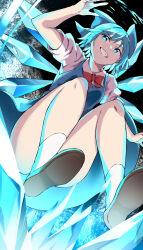 Rule 34 | 1girl, absurdres, black background, blue dress, blue eyes, blue hair, bottomless, bow, bowtie, bright pupils, cirno, collared shirt, convenient leg, dress, from below, full body, hair bow, highres, ice, ice wings, looking at viewer, nagomian, pinafore dress, red bow, red bowtie, shirt, short hair, short sleeves, sleeveless dress, socks, solo, teeth, touhou, white pupils, white shirt, white socks, wings