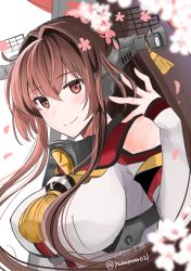 Rule 34 | 1girl, 2020, absurdres, bad id, bad twitter id, blush, breasts, brown eyes, brown hair, cherry blossoms, dated, detached sleeves, female focus, flower, hair between eyes, hair flower, hair ornament, headgear, highres, kantai collection, large breasts, long hair, matching hair/eyes, oil-paper umbrella, one-hour drawing challenge, petals, ponytail, red umbrella, simple background, smile, solo, twitter username, umbrella, upper body, white background, yamato (kancolle), yunamaro