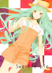 Rule 34 | 1girl, bow, checkered background, coma (fginiy), green eyes, green hair, hat, hatsune miku, jewelry, long hair, matching hair/eyes, nail polish, necklace, porkpie hat, ring, solo, star (symbol), very long hair, vocaloid