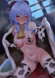 Rule 34 | 1girl, ahoge, animal print, areola slip, bell, blue hair, blush, breasts, cape, closed mouth, commentary request, cow print, cow print bikini, cowbell, dearonnus, elbow gloves, female pubic hair, ganyu (genshin impact), genshin impact, gloves, goat horns, highres, horns, lactation, medium breasts, mixed-language commentary, navel, o-ring, o-ring swimsuit, print bikini, pubic hair, purple eyes, short hair with long locks, sitting, slingshot swimsuit, smile, solo, swimsuit, thighhighs, wariza, white gloves, white thighhighs