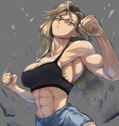 Rule 34 | 1girl, 702 96, abs, bare shoulders, blonde hair, breasts, brown eyes, camisole, clenched hand, denim, denim shorts, highres, long hair, midriff, muscular, muscular female, original, pout, shorts, solo, stone, toned, wavy hair