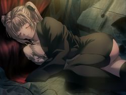 Rule 34 | 1girl, abandoner the severed dreams, aftersex, black ribbon, black thighhighs, blonde hair, blush, bottomless, closed mouth, collarbone, elena (abandoner the severed dreams), closed eyes, game cg, hair ribbon, long hair, long sleeves, lying, official art, on side, oosaki shin&#039;ya, ribbon, shirt, sleeping, smile, solo, thighhighs, twintails, white shirt