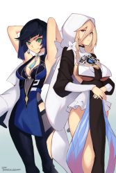 Rule 34 | 2girls, absurdres, aponia (honkai impact), armpits, arms behind head, black dress, blonde hair, blue dress, blue hair, breasts, brown eyes, china dress, chinese clothes, cleavage, cleavage cutout, clothing cutout, company connection, crossover, dress, earrings, genshin impact, green background, green eyes, hair between eyes, highres, honkai (series), honkai impact 3rd, jewelry, large breasts, long hair, long sleeves, looking at viewer, mihoyo, mole, mole on breast, multiple girls, nun, phrecklesart, short hair, smile, two-tone background, veil, white background, yelan (genshin impact)