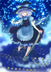 Rule 34 | 1girl, :d, ^ ^, apron, black hat, black skirt, black vest, blonde hair, bow, broom, closed eyes, cloud, female focus, frilled apron, frills, hat, hat bow, holding, holding broom, kirisame marisa, nanami sano, night, night sky, open mouth, puffy short sleeves, puffy sleeves, reflection, ripples, shirt, short sleeves, skirt, sky, smile, solo, star (sky), touhou, vest, wading, waist apron, walking, water, white apron, white bow, white shirt, witch hat, wrist cuffs