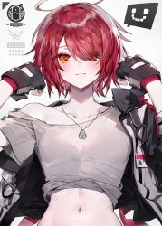 Rule 34 | 1girl, arknights, black gloves, blush, breasts, character name, closed mouth, collarbone, exusiai (arknights), eyes visible through hair, fingerless gloves, gloves, grey jacket, grey shirt, hair over one eye, halo, hands up, highres, id card, jacket, jewelry, long sleeves, looking at viewer, midriff, muaooooo, navel, necklace, off shoulder, open clothes, open jacket, orange eyes, penguin logistics logo, red hair, shirt, short hair, simple background, single bare shoulder, small breasts, smile, solo, speech bubble, spoken expression, stomach, upper body, white background