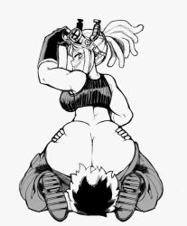 Rule 34 | 1boy, 1girl, ass, ass grab, baggy pants, bare shoulders, blush, boku no hero academia, boots, bottomless, breasts, butt crack, clothes pull, crop top, gloves, goggles, goggles on head, hatsume mei, hetero, huge ass, large breasts, long hair, looking at another, looking back, midoriya izuku, monochrome, no panties, pants, pants pull, ponytail, ragingbarbarians, sitting, sitting on face, sitting on person, sketch, sleeveless, smile