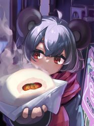 Rule 34 | 1girl, ahoge, animal ears, baozi, blush, closed mouth, commentary, eyebrows hidden by hair, food, grey hair, grey shirt, highres, holding, holding food, kakedashi, looking at food, mouse ears, mouse girl, nazrin, red eyes, red scarf, scarf, shirt, short hair, smile, solo, steam, touhou, upper body, ventilation fan