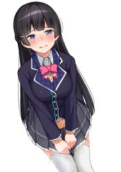 Rule 34 | 1girl, black hair, blazer, blouse, blue eyes, blue jacket, blush, bow, bowtie, braid, breasts, dutch angle, embarrassed, female focus, french braid, french hair, grey skirt, hair ornament, hairclip, half-closed eyes, have to pee, highres, jacket, legs together, long hair, long sleeves, maanii, medium breasts, nijisanji, open mouth, own hands together, pee, peeing, peeing self, pink bow, pink bowtie, pleated skirt, school uniform, shirt, simple background, skindentation, skirt, solo, standing, sweat, sweater, tears, tsukino mito, tsukino mito (1st costume), v arms, virtual youtuber, wet, wet clothes, white background, white shirt