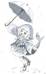 Rule 34 | 1girl, :d, absurdres, blush, drawstring, fins, fish tail, full body, gawr gura, greyscale, highres, holding, holding umbrella, hololive, hololive english, hood, hood up, hoodie, long sleeves, looking at viewer, monochrome, open mouth, outdoors, rain, shark tail, sharp teeth, shoes, smile, socks, solo, standing, standing on one leg, tail, teeth, tosyeo, umbrella, virtual youtuber, white background, wide sleeves