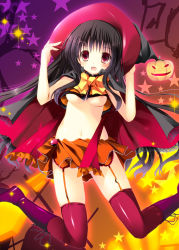 Rule 34 | 1girl, :o, black hair, blush, boots, bow, breasts, cape, cover, cover page, female focus, garter straps, gradient background, halloween, hat, holding, holding clothes, holding hat, jack-o&#039;-lantern, lace, lace-trimmed skirt, lace trim, long hair, microskirt, mizusawa mimori, navel, nipple slip, nipples, open mouth, orange skirt, original, pumpkin, red eyes, skirt, small breasts, solo, star (symbol), thighhighs, underboob, witch hat