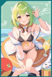 Rule 34 | 1girl, absurdres, arm up, armpits, bare shoulders, bikini, black bikini, breasts, chunithm, detached collar, front-tie bikini top, front-tie top, green hair, hair ornament, hand on own thigh, headphones, headphones around neck, highres, jacket, long sleeves, looking at viewer, medium breasts, mushpz, navel, off shoulder, open clothes, open jacket, open mouth, orange eyes, scrunchie, see-through, see-through sleeves, short hair, side-tie bikini bottom, sitting, sky feather (chunithm), smile, solo, stomach, string bikini, swimsuit, thigh gap, thighs, white jacket, wrist scrunchie, x hair ornament