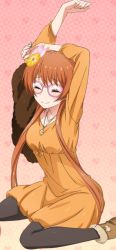 Rule 34 | 10s, 1girl, arms up, black pantyhose, brown hair, closed eyes, crescent, crescent necklace, dress, flower, glasses, hair flower, hair ornament, jewelry, moon necklace, necklace, nisekoi, orange dress, pantyhose, short hair with long locks, sidelocks, sitting, smile, solo, tachibana marika, yellow flower