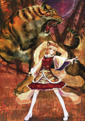 1girl absurdres animal_ears blonde_hair brown_eyes dress female_focus highres holding kemonomimi_mode outstretched_arm polearm scan short_hair smile solo teeth thighhighs tiger tiger_ears tongue toramaru_shou touhou trident virus_(obsession) weapon white_thighhighs