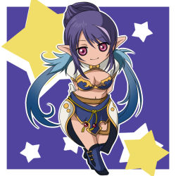 Rule 34 | 00s, 1girl, blue hair, border, breasts, chibi, elf, female focus, full body, gloves, hair bun, judith (tales), long hair, long pointy ears, looking at viewer, medium breasts, midriff, multicolored hair, no nose, outline, outside border, pointy ears, purple background, purple hair, single hair bun, smile, solo, standing, star (symbol), tales of (series), tales of vesperia, very long hair, white border, white gloves