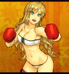 Rule 34 | 1girl, armpits, bad id, bad pixiv id, bandeau, bare shoulders, blonde hair, boxing gloves, breasts, cleavage, green eyes, large breasts, letterboxed, long hair, mustard seeds, navel, open mouth, original, solo, strapless, tube top, yuuji (and)