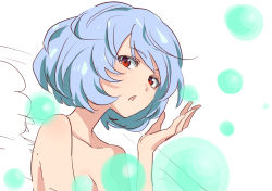 Rule 34 | 1girl, blue hair, breasts, bubble, collarbone, commentary request, hand up, leon (mikiri hassha), looking at viewer, no headwear, nude, out-of-frame censoring, parted lips, red eyes, remilia scarlet, short hair, simple background, small breasts, solo, touhou, upper body, white background