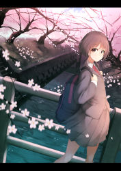 Rule 34 | 1girl, backpack, bad id, bad pixiv id, bag, blazer, blurry, branch, bridge, brown eyes, brown hair, cherry blossoms, depth of field, dutch angle, highres, jacket, letterboxed, light smile, looking at viewer, looking to the side, necktie, original, petals, rerrere, river, school uniform, short hair, solo, water, wind